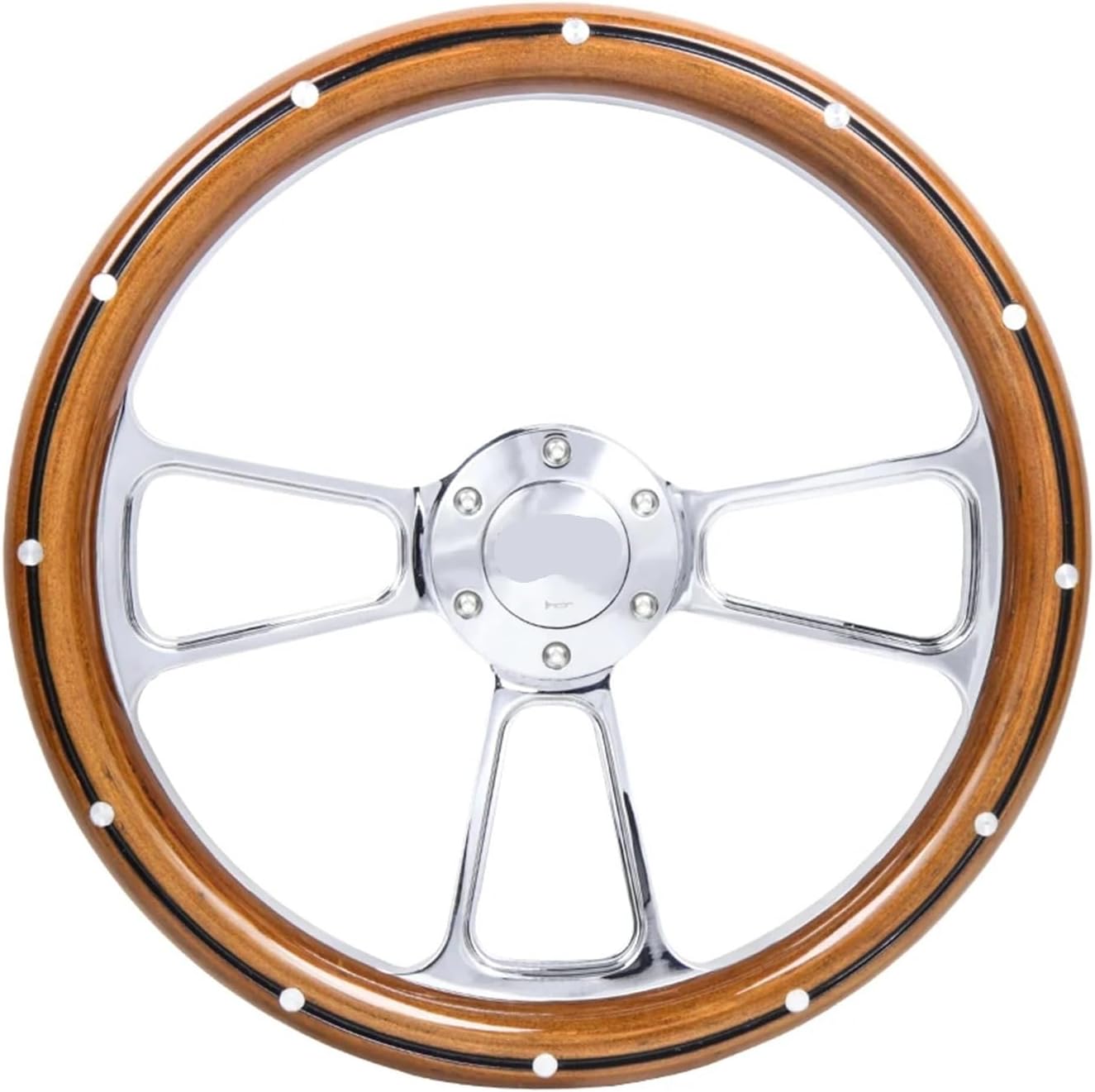 Customization 14' Black Billet Steering Wheel Mahogany Wood Half Wrap Aluminum Rivets(Black)