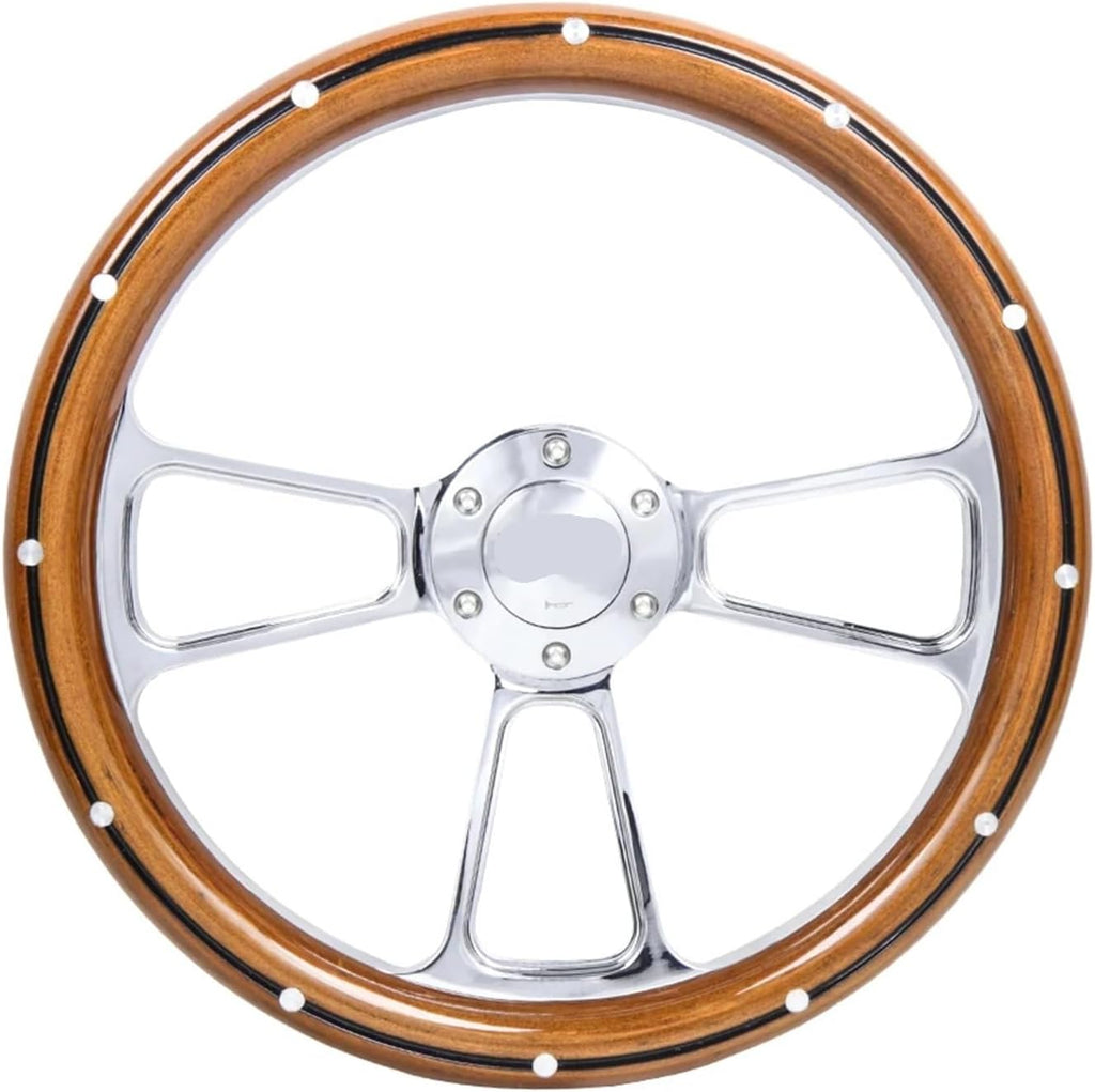 Customization 14' Black Billet Steering Wheel Mahogany Wood Half Wrap Aluminum Rivets(Silver)