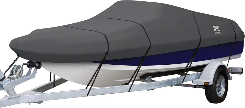 Classic Accessories StormPro Dark Grey Heavy-Duty Deck Boat Cover, Fits Boats 20-22' L x 106' W, Marine Grade Fabric, Water-Resistant, Fits V-Hull Runabouts OutBoards and I/O, Trailerable