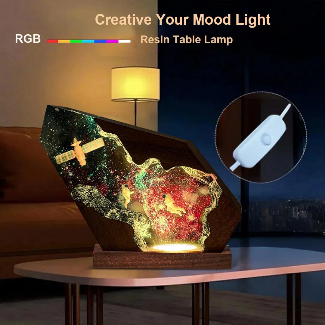 Handcrafted Astronaut Resin Lamp, RGB Galaxy Light with Wood Base USB Charging, Space Themed Bedroom Decor, Astronomy Gift for Teens,Sci-Fi Lovers Birthday & Christmas (L 10'x6')