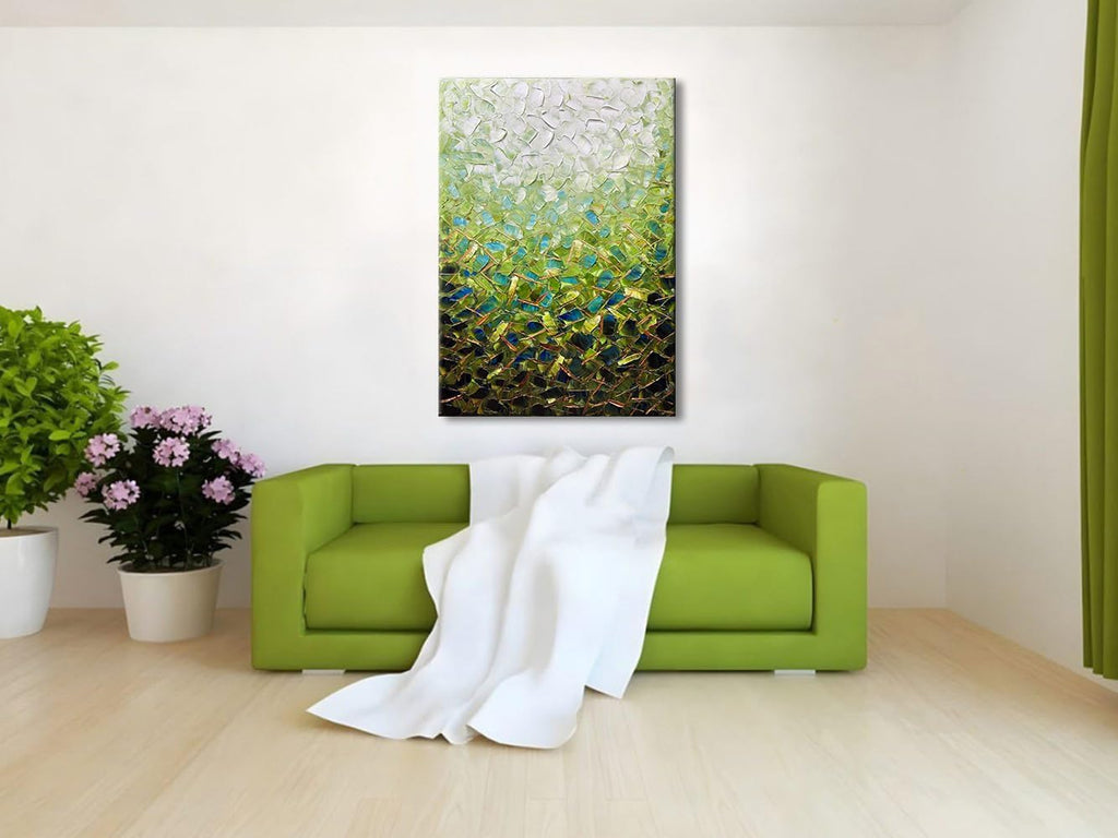 zoinart Textured Green Oil Painting on Canvas, Abstract Paintings Green Wall Art, Modern Wall Painting for Living Room Decor
