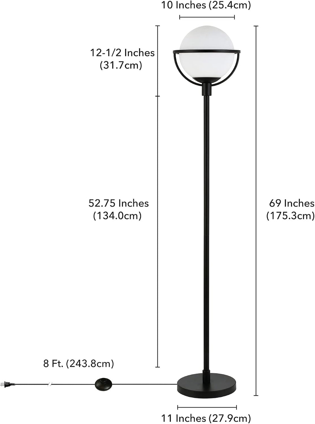 Henn&Hart 68' Glam 1-Light Floor Lamp with White Glass Globe Shade for Living Room, Bedroom, or Office, Black
