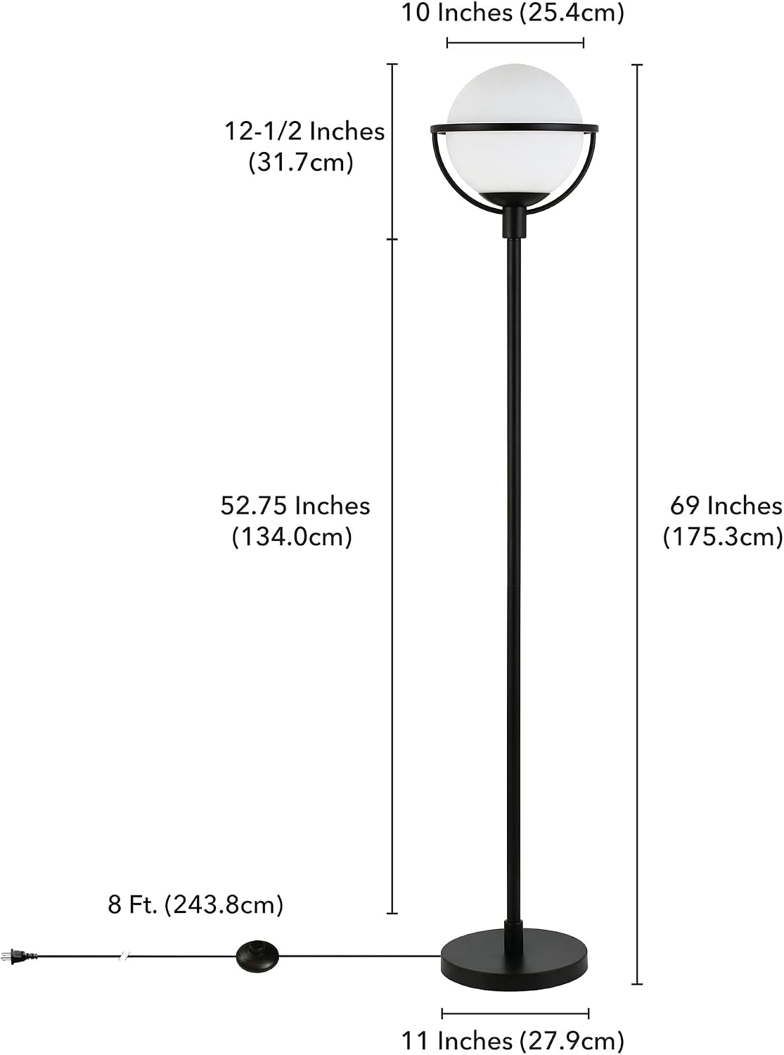 Henn&Hart 68' Glam 1-Light Floor Lamp with White Glass Globe Shade for Living Room, Bedroom, or Office, Black