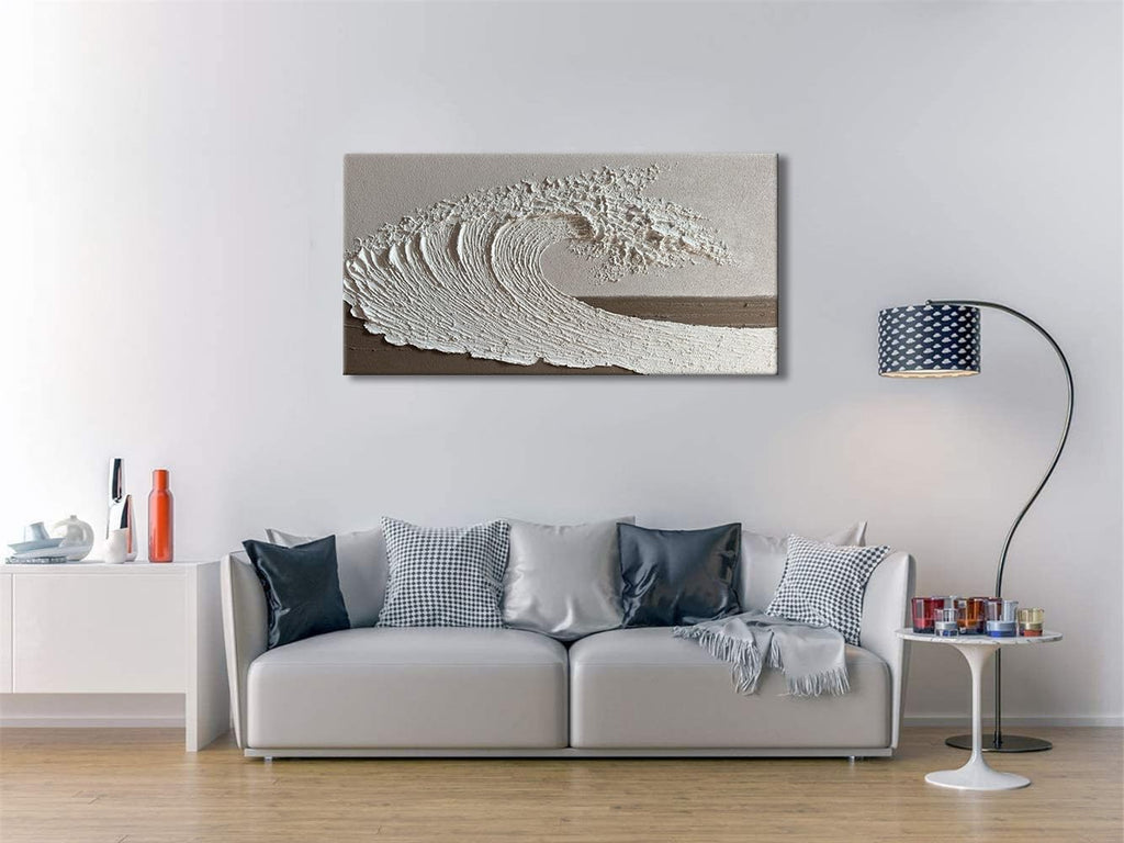 Slyart Abstract Ocean Wave Wall Art, White Textured Oil Painting on Canvas, Modern Minimalist Wall Decor