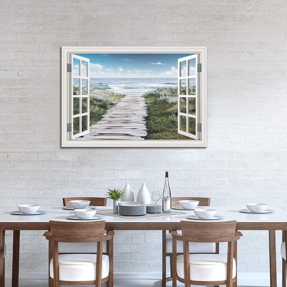 Ocean Canvas Wall Art Decor for Living Room Beach Flowers Path Pictures for Bedroom White Fake Window Frame Style Seascape Painting Extra Large Blue Coastal Landscape Art Print Hone Office Kitchen Basement Decorations 32' x 48'inch