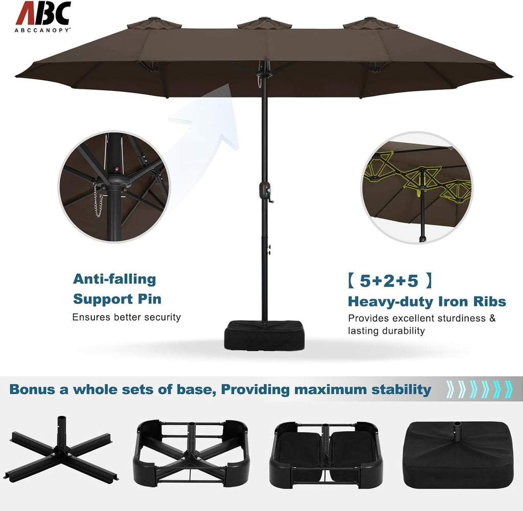 ABCCANOPY 15FT Double-Sided Aluminum Table Patio Umbrella Garden Large Umbrella,Swimming Pool 12+Colors,Brown