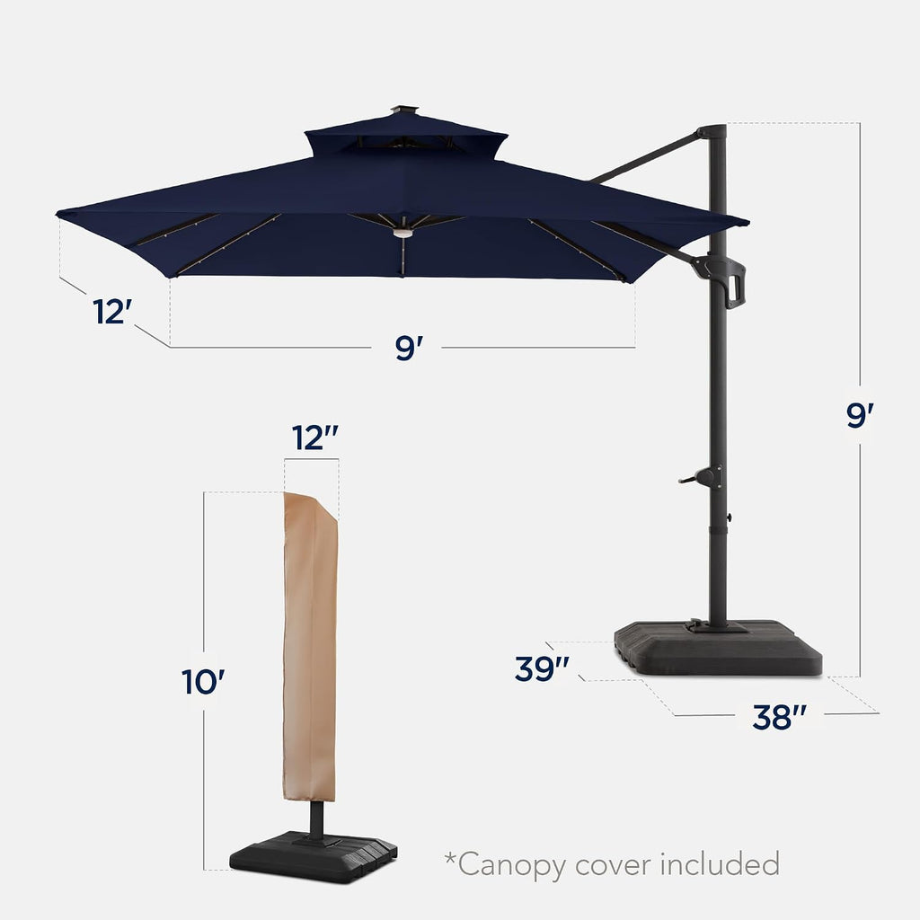 Best Choice Products 9x12ft LED Cantilever Patio Umbrella w/Base Included & 360° Rotation, Large Solar Offset Hanging Outdoor Sun Shade for Deck, Backyard Table w/Stand & Lights – Navy Blue