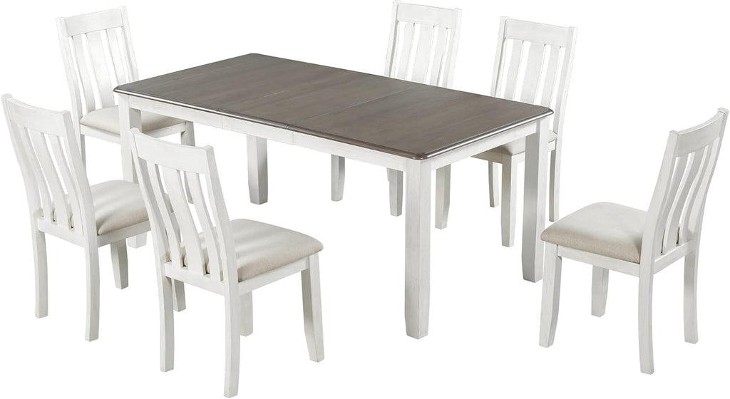 Rustic 7-Piece Kitchen Dining Table Set, Retro Solid Wood Dining Table Set for 6, Rectangle Extendable Table with 6 High Back Upholstered Chairs for Kitchen Dining Room