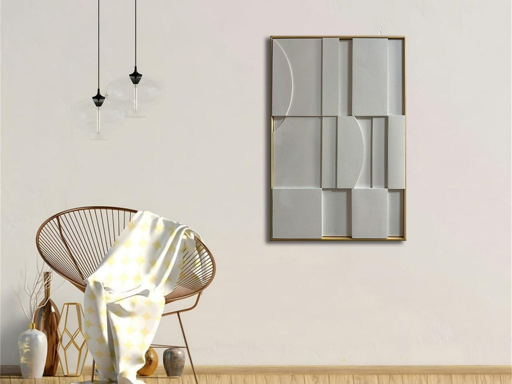 Slyart 3D White Textured Wall Art, Handmade Verical Abstract Relief Wall Art Framed Wall Decorations Artwork, Minimalist White Painting