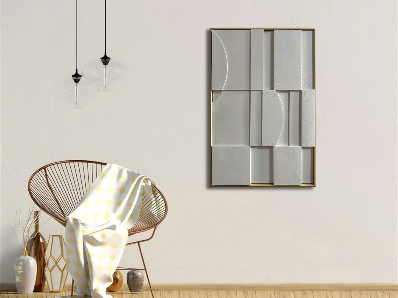 Slyart 3D White Textured Wall Art, Handmade Verical Abstract Relief Wall Art Framed Wall Decorations Artwork, Minimalist White Painting