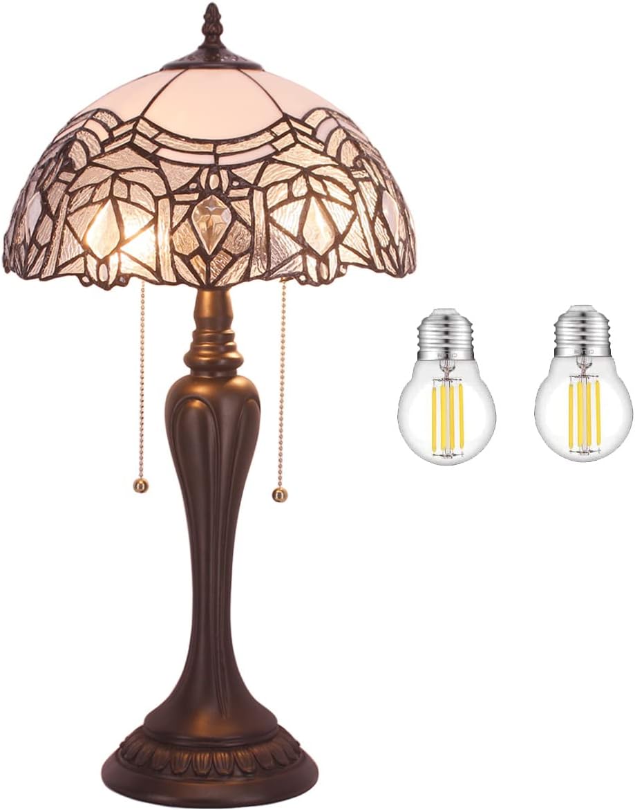 WERFACTORY Tiffany Lamp White Bent Stained Glass Crystal Table Lamp Bedside Desk Reading Light 12X12X22 Inches Decor Bedroom Living Room Home Office S508W Series