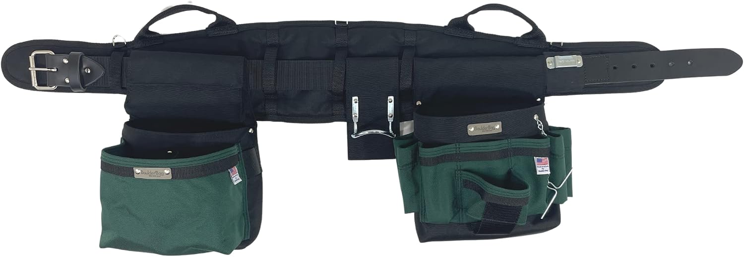 BOULDER BAG Ultimate Electrician's MAX Combo with Comfort Back Support Tool Belt, Leather Belt Buckle, Heavy Duty Work Belt, Green, (Small 24-27 Inch Waist), Tool Belt Made in USA