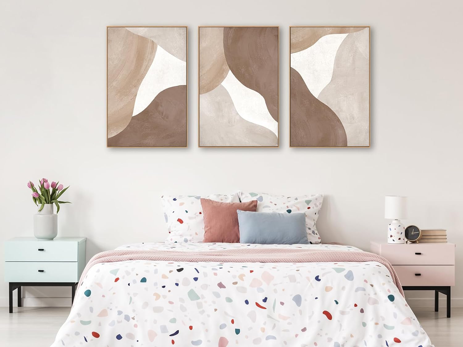 Minimalist Abstract Boho Wall Art - Natural Framed Abstract Canvas Picture Canyon Painting Cliff Artwork Modern Geometric Canvas Prints for Home Office Wall Decor 32' x 48' * 3 Tan Brown Beige