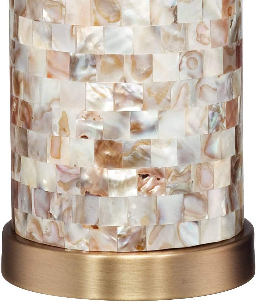 360 Lighting Margaret Coastal Accent Table Lamp 23' High Mother of Pearl Tile Cylinder Glass Cream Linen Fabric Drum Shade for Living Room Bedroom Beach House Bedside Nightstand Home Office