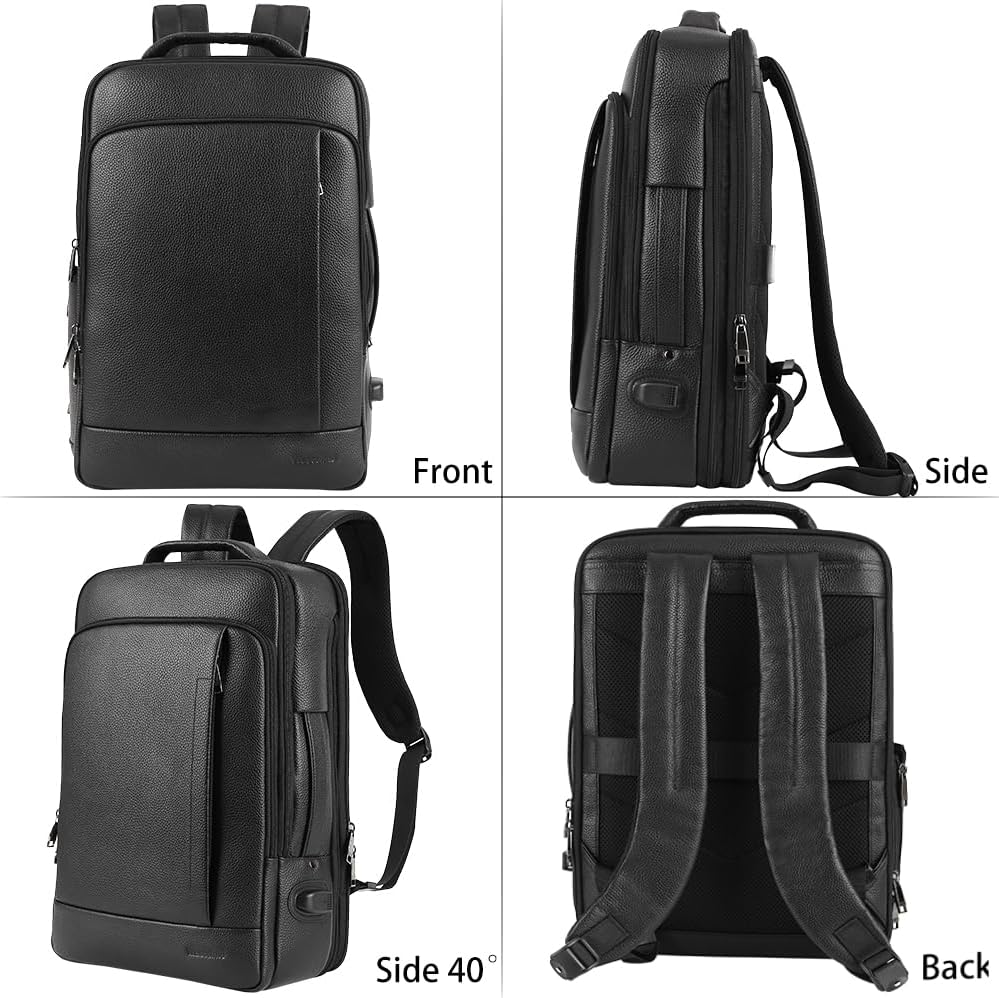 Full Grain Genuine Leather Backpack for Men Multi-Functional 15.6' Laptop Backpack with USB Charging, Black Convertible Business Travel Backpack Work Rucksack Daypack
