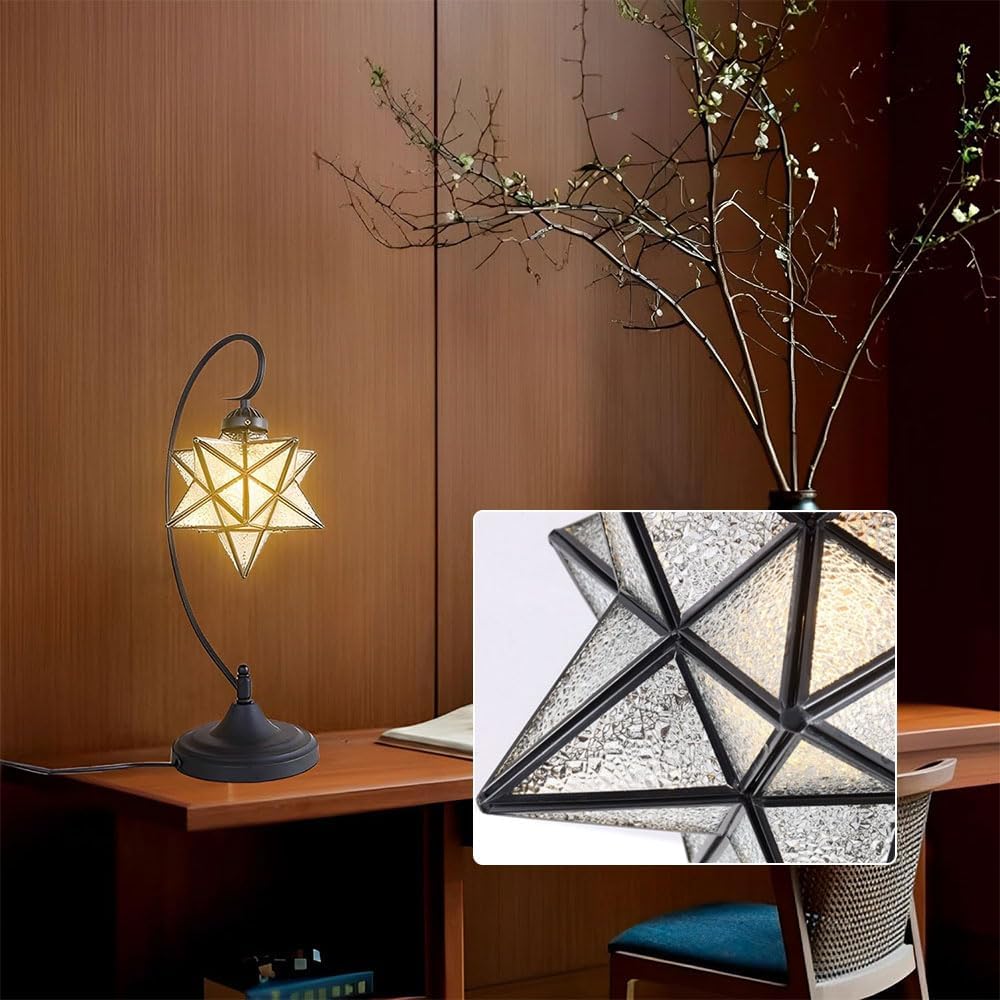 Glass Desk Lamps, Plug in Black Desk Lamp Fixture Retro Library Table Lamp with Pull Chain, Mid-Century Glass Star Lights for Office Study Room Bedroom Living Room