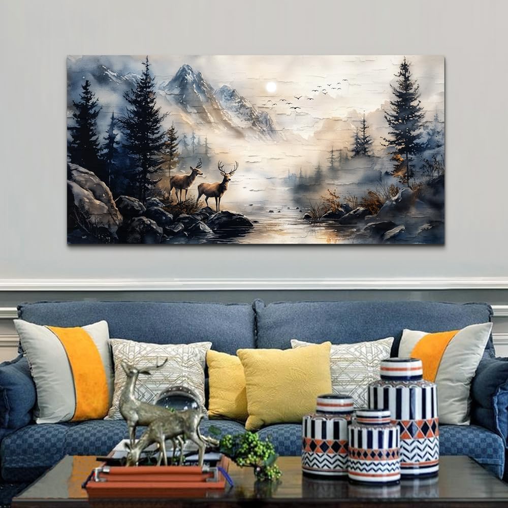 ERQINHUA Canvas Wall Art For Bedroom Large Wall Decor For Living Room Modern Office Decor Abstract Ink Painting Elk Forest landscape Wall Pictures Ready To Hang Home Decorations Posters 30'X60'