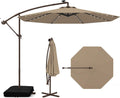 Tangkula 10FT Offset Patio Umbrella with Base Included, Outdoor Cantilever Umbrella with 40 Solar LED Lights, Tilt Adjustment, Crank Handle, Vented Top, Sand Bags for Pool Yard Deck (Tan)