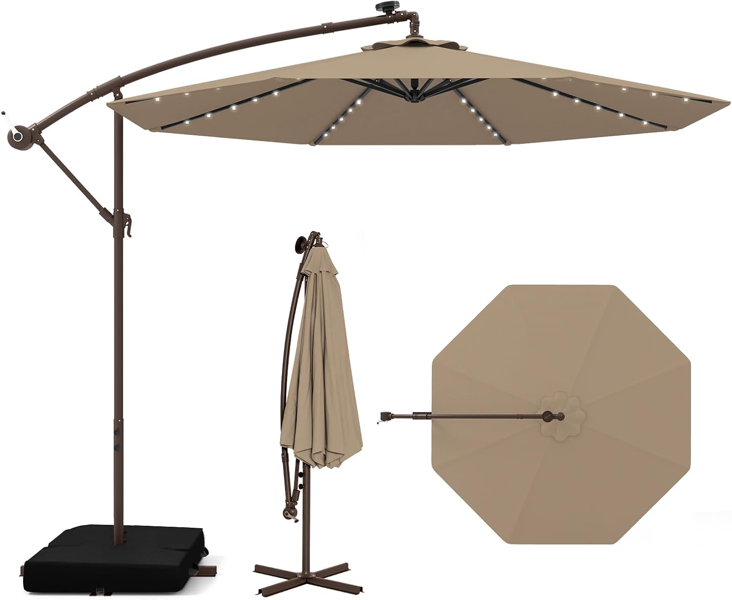 Tangkula 10FT Offset Patio Umbrella with Base Included, Outdoor Cantilever Umbrella with 40 Solar LED Lights, Tilt Adjustment, Crank Handle, Vented Top, Sand Bags for Pool Yard Deck (Tan)