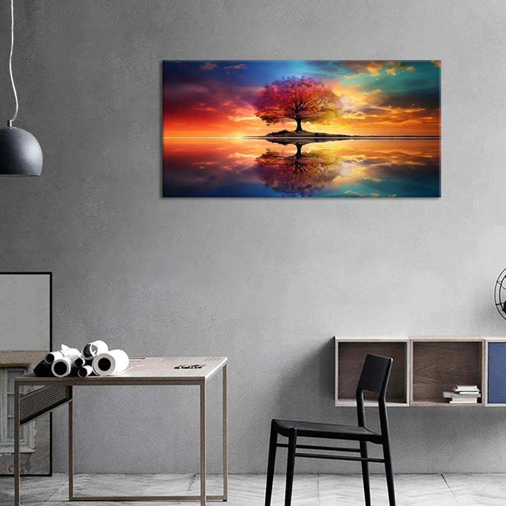 Lasdel Tree Alone Standing Middle Of Lake Landscape Canvas Wall Art for Living Room Bedroom Home, Beautiful Nature Scenery Painting Print Picture Decor Artwork, Wrapped Gift Inner Frame 328x58 Inches