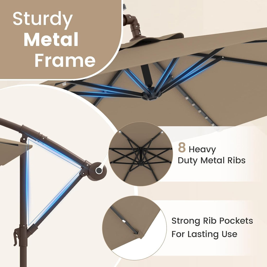 Tangkula 10FT Offset Patio Umbrella with Base Included, Outdoor Cantilever Umbrella with 40 Solar LED Lights, Tilt Adjustment, Crank Handle, Vented Top, Sand Bags for Pool Yard Deck (Tan)