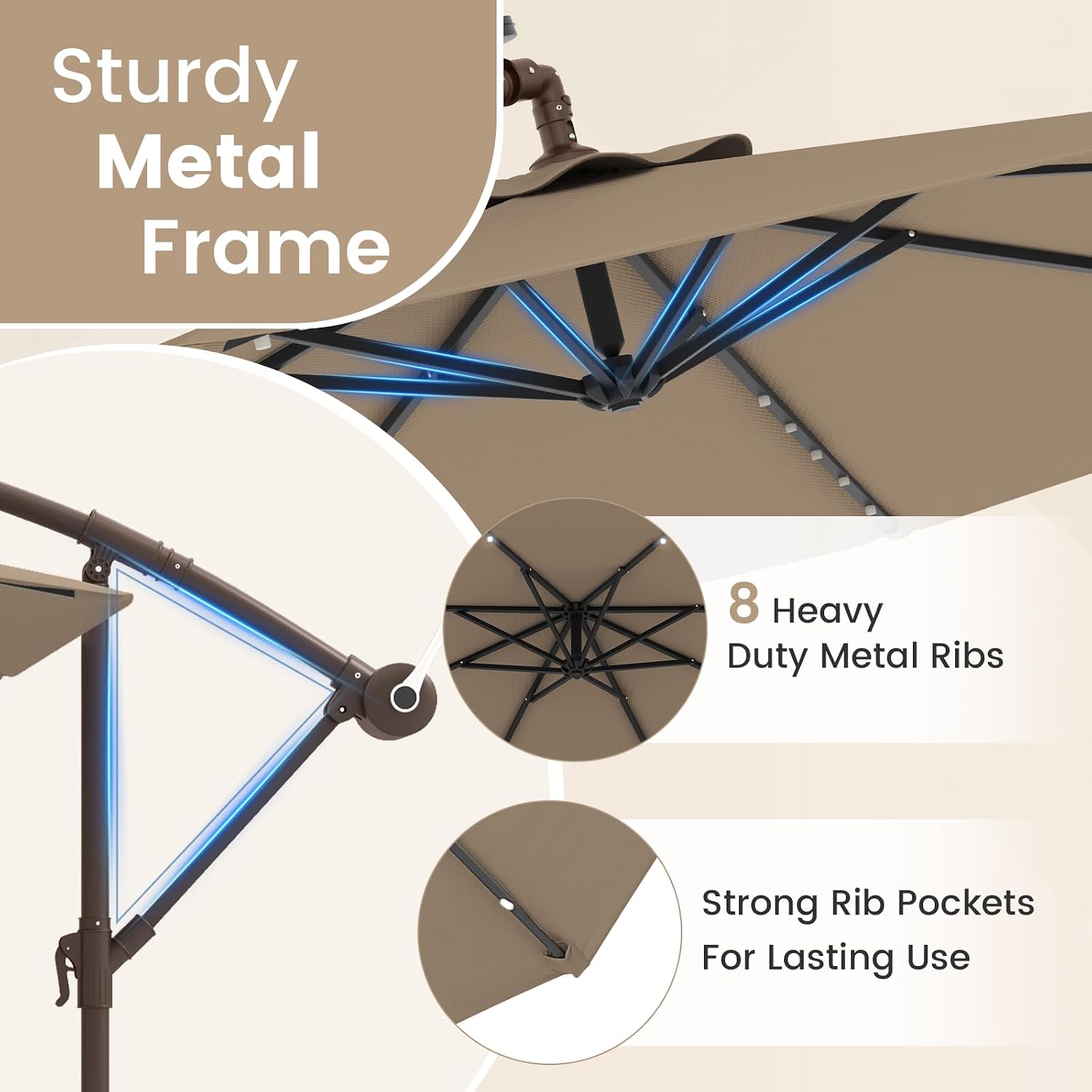Tangkula 10FT Offset Patio Umbrella with Base Included, Outdoor Cantilever Umbrella with 40 Solar LED Lights, Tilt Adjustment, Crank Handle, Vented Top, Sand Bags for Pool Yard Deck (Tan)