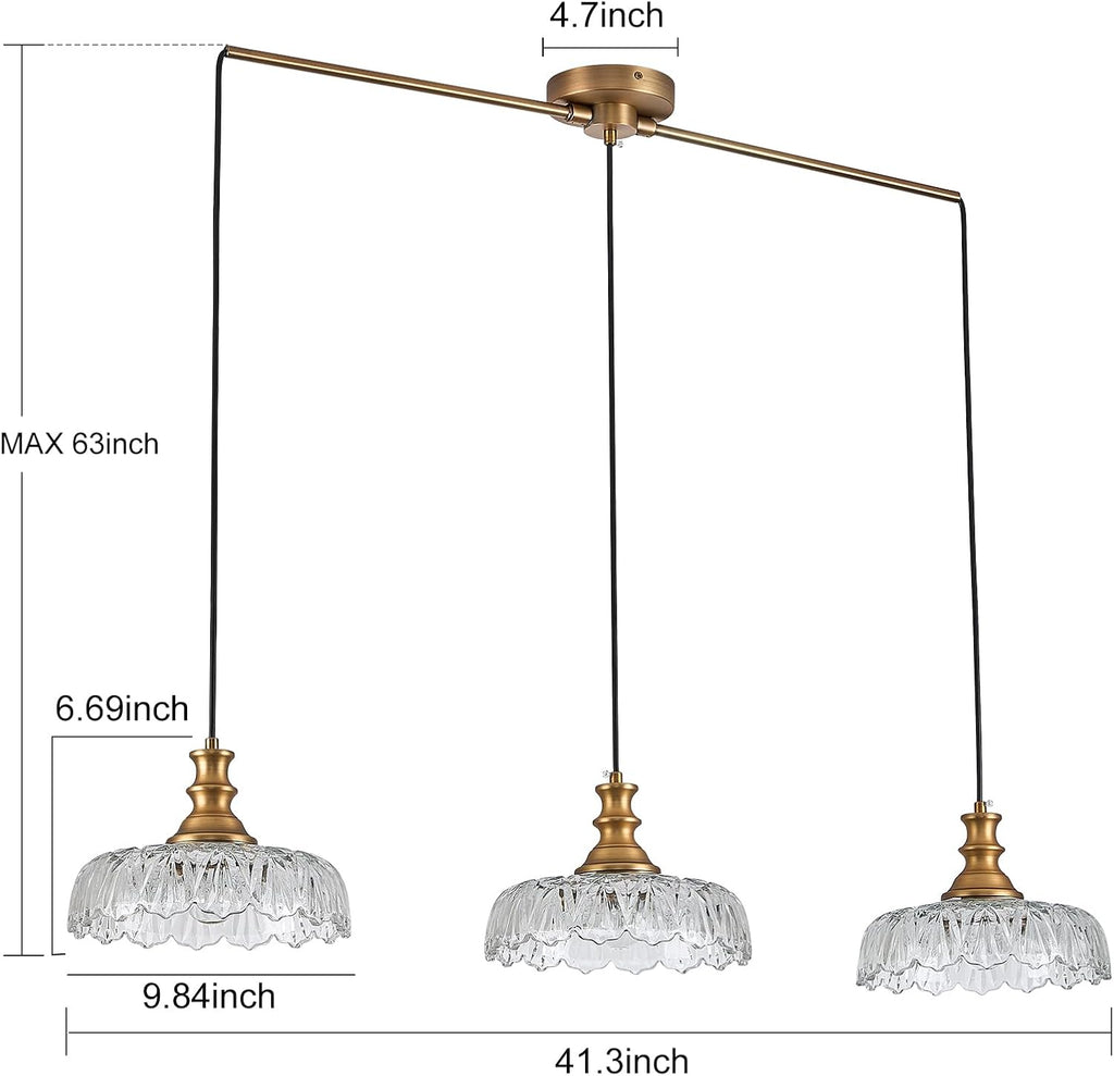 HDDFL Vintage Pendant Lighting Fixtures Modern Glass Hanging Lamp with Adjustable Cord for Kitchen Island Dining Room Hallway 3 Light Brass and Clear