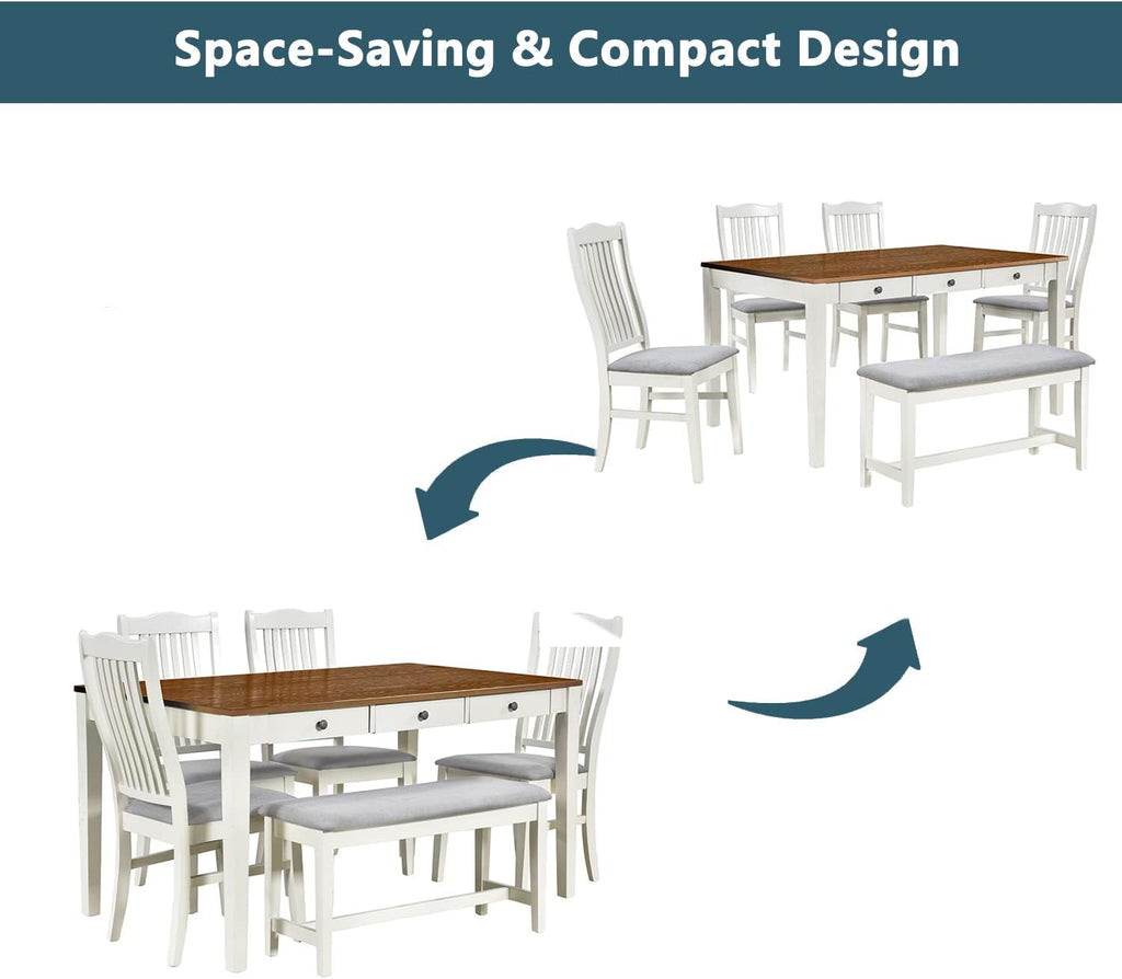 Compact 6-Piece Dining Table Set, Solid Wood Kitchen Dining Room Table Set with 4 Padded Ergonomic Chairs & Bench, 60'' Rectangular Table with Storage Drawer, Space-Saving Design (Grey-P)