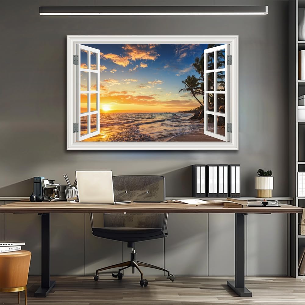 Ocean Canvas Wall Art Decor for Living Room Large Beach Pictures for Bedroom Window Frame Style Sunset Art Prints Seascape Artwork for Home Office Decorations (32 x 48 inch)