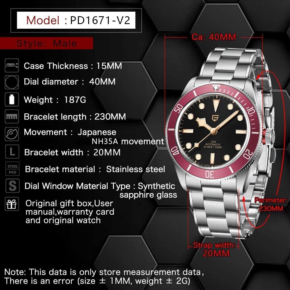 HaiQin Pagani Design 1671 V2 Classic Men's Automatic Watches Japanese NH35A Self-Winding Movement 100M Waterproof Mechanical Watch, Stainless Steel Aluminum Bezel Fashion Business Luminous Watch Date