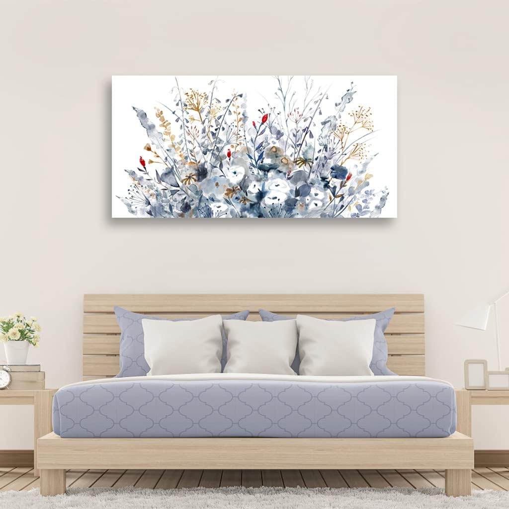 Flowers Canvas Wall Art for Living Room Wall Decor Indigo Floral Canvas Painting Watercolor Plants Pictures Vintage Botanical Flower Canvas Artwork for Bedroom Office Home Wall Decorations 29' x 58'