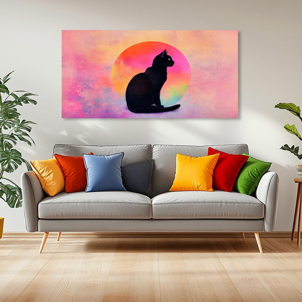 Black Cat Canvas Wall Art - Pink & Purple Sunset Landscape Painting with Silhouette Cat, Cute Retro Cartoon Cat Poster Painting Abstract Animal Wall Décor for Living Room Kid's Girls Bedroom Nursery Ready to Hang 30L x 16W (30x60 Inches)