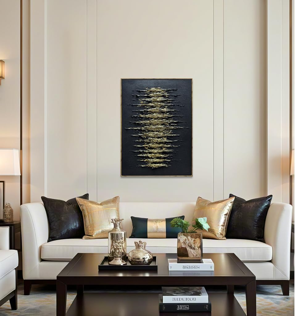 Boiee Art,24x36Inch Handmade Golden Textured Acrylic Canvas Wall Art Modern Black Decorative Paintings Abstract Framed Artwork