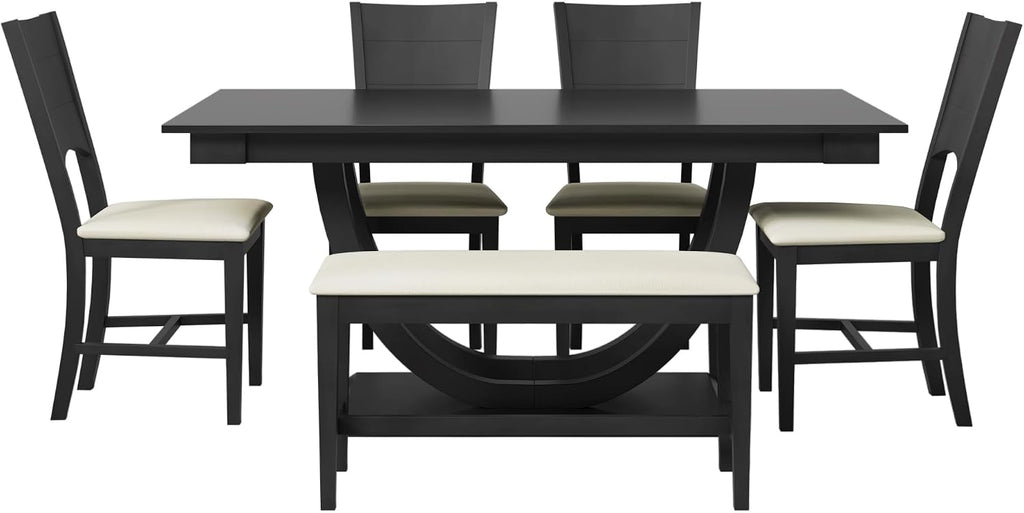 Modern Solid Wood 6-Piece Dining Table Set, Unique Design Half Round Legs Dining Table with Upholstered Dining Chairs&Bench, Kitchen Dining Room Set for 6 (Grey-Half L)