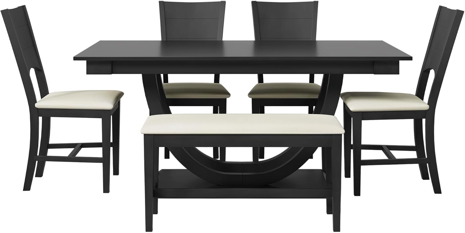 Modern Solid Wood 6-Piece Dining Table Set, Unique Design Half Round Legs Dining Table with Upholstered Dining Chairs&Bench, Kitchen Dining Room Set for 6 (Grey-Half L)