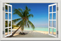 Beach Wall Art Ocean Theme Canvas Pictures White Fake Window Frame Style Tropical Palm Tree Wall Painting Extra Large Blue Coastal Landscape Art Print Seascape Artwork for Living Room Bedroom Home Office Decorations 32x48inch