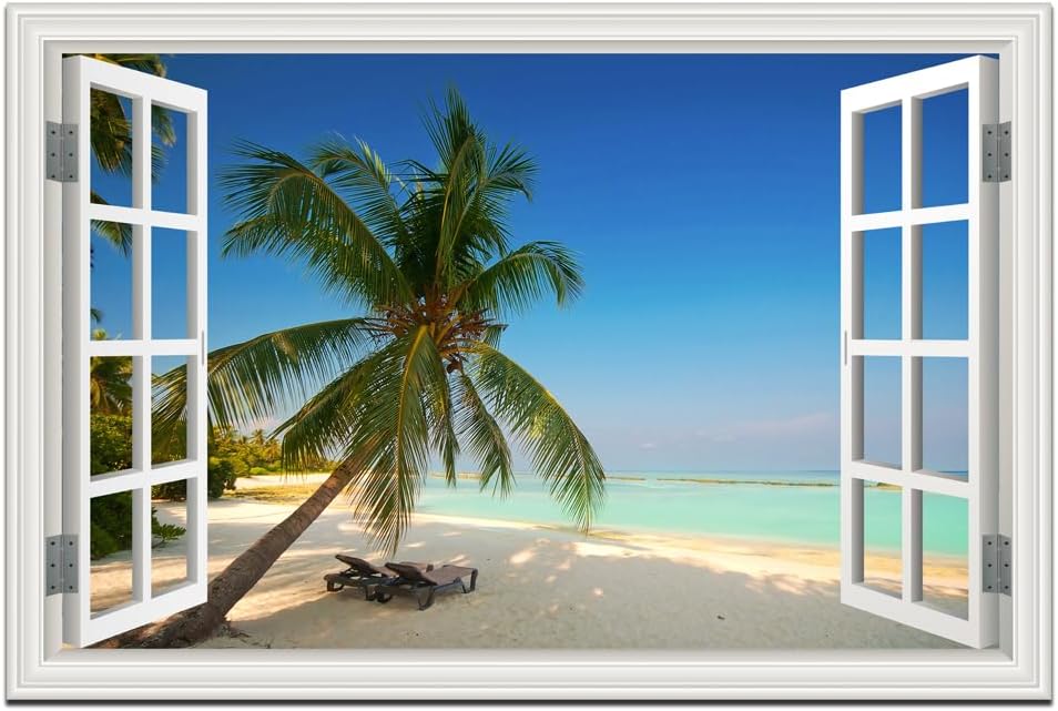 Beach Wall Art Ocean Theme Canvas Pictures White Fake Window Frame Style Tropical Palm Tree Wall Painting Extra Large Blue Coastal Landscape Art Print Seascape Artwork for Living Room Bedroom Home Office Decorations 32x48inch
