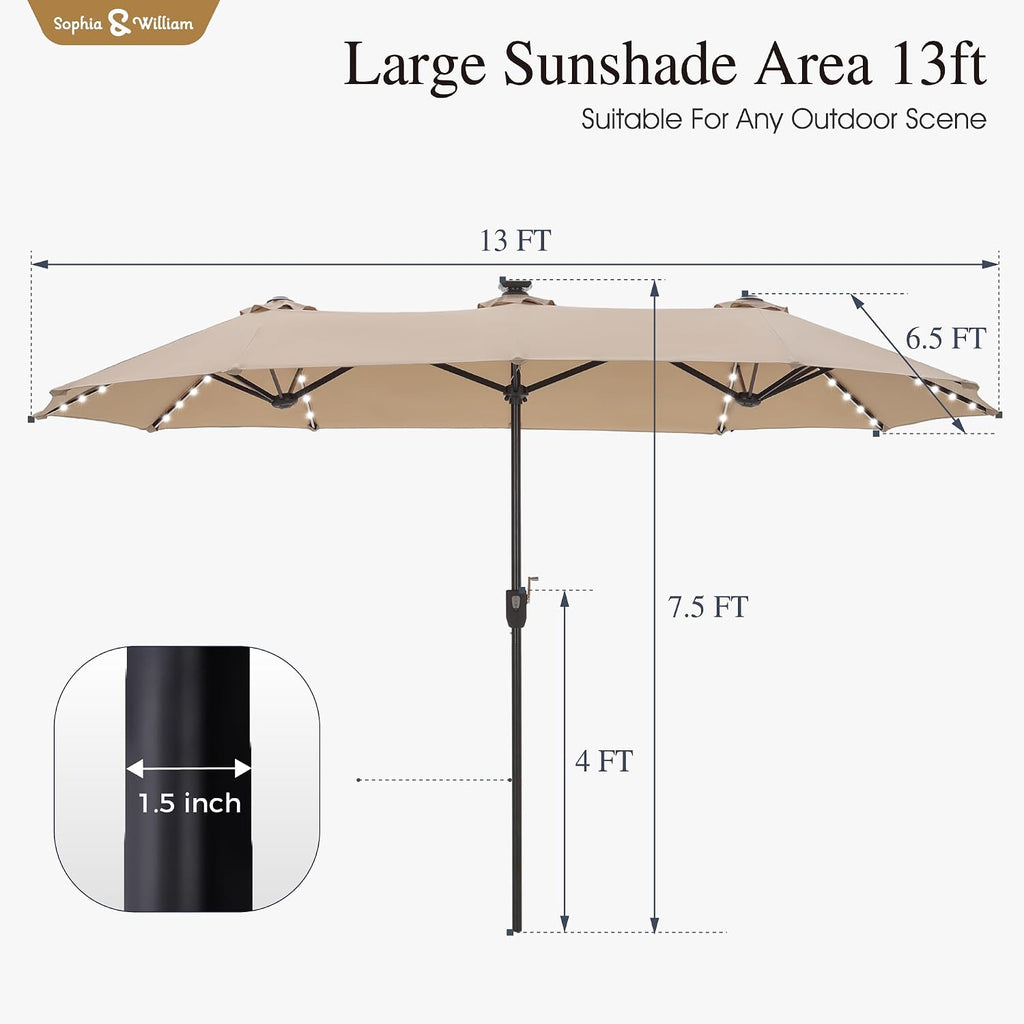 Sophia & William 13ft Outdoor Patio Umbrella with Solar Lights, Large Double-sided Umbrella with LED Lights, Perfect for Garden, Deck, Pool, Beige