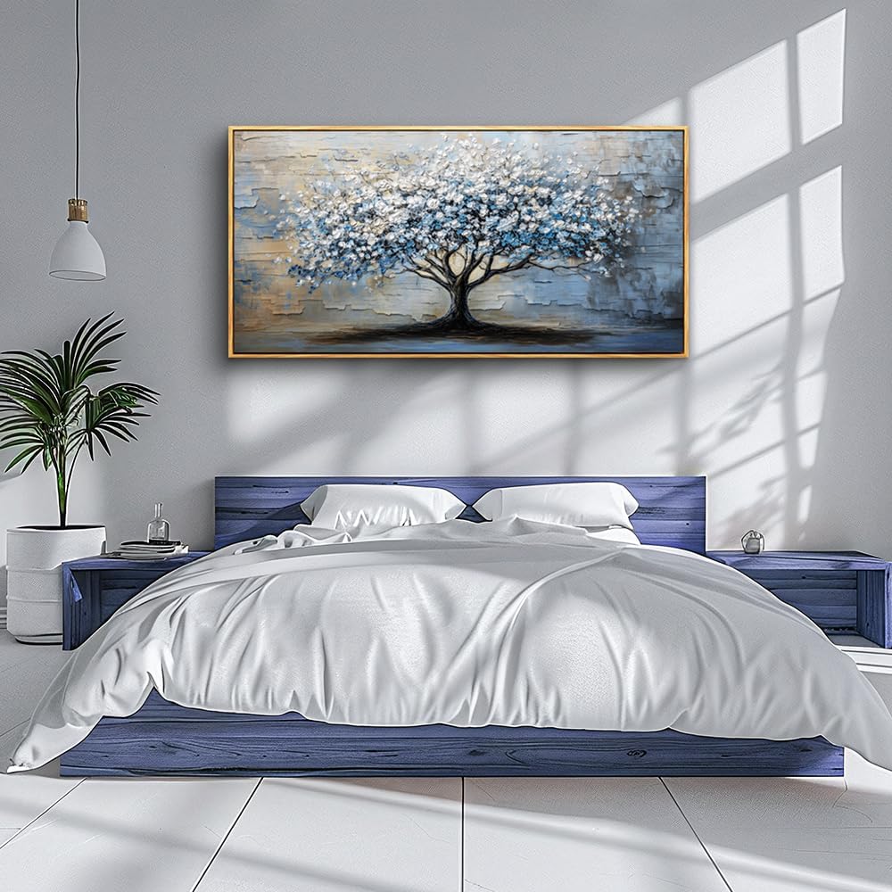 ERQINHUA Wood Framed Abstract Wall Art Office Large Wall Decor Art For Living Room Wall Pictures Blue Grey TreePainting Framed Canvas Artwork Bedroom Dining room Home Decoration Aesthetics 24'X48'