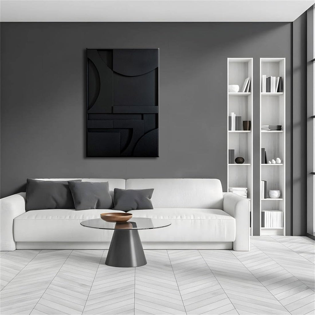 Slyart 3D Black Textured Plaster Wall Art, Handmade Contemporary Art Abstract Geometric Relief Painting, Framed Thick Texture Vertical Wall Art 24x36 Inch