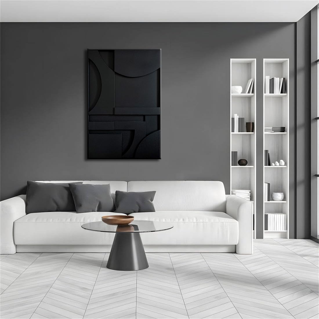 Slyart 3D Black Textured Plaster Wall Art, Handmade Contemporary Art Abstract Geometric Relief Painting, Framed Thick Texture Vertical Wall Art 24x36 Inch