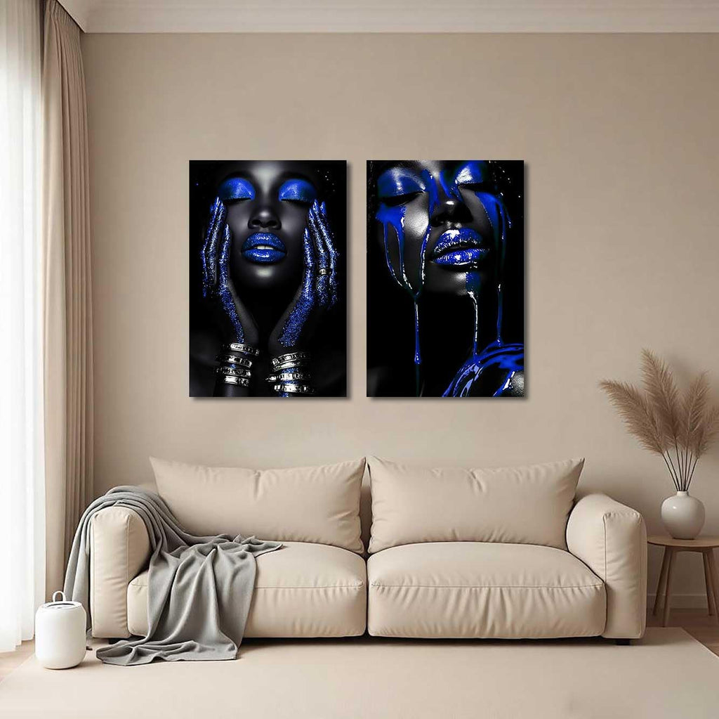 BJYCHG 2Pcs African American Canvas Wall Art Abstract Black Woman Face Painting Prints Fashion Black Female Portrait Poster Pictures Modern Girl Bedroom Room Decor (Blue, (24x36inx2 Pieces))