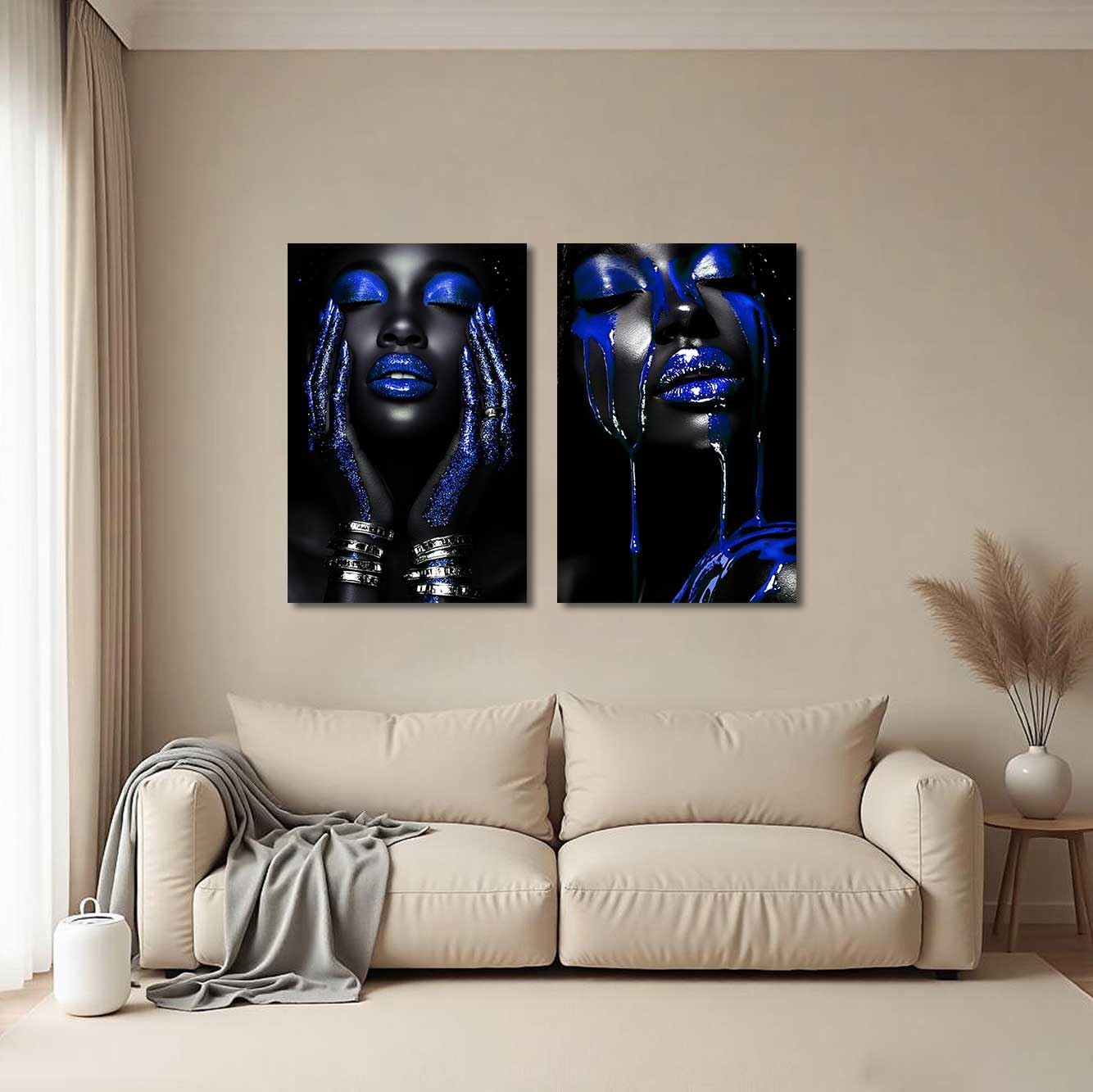 BJYCHG 2Pcs African American Canvas Wall Art Abstract Black Woman Face Painting Prints Fashion Black Female Portrait Poster Pictures Modern Girl Bedroom Room Decor (Blue, (24x36inx2 Pieces))