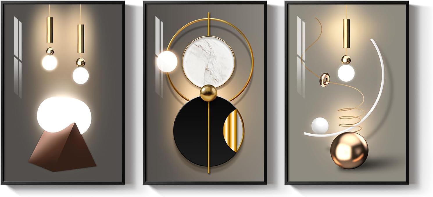 3 Piece Framed Black and Gold Abstract Wall Art for Living Room, Large Modern Luxury Geometric Picture Prints Paintings, Bright Style Artwork for Bedroom Dining Room Office Wall Decor 20x30 Inch