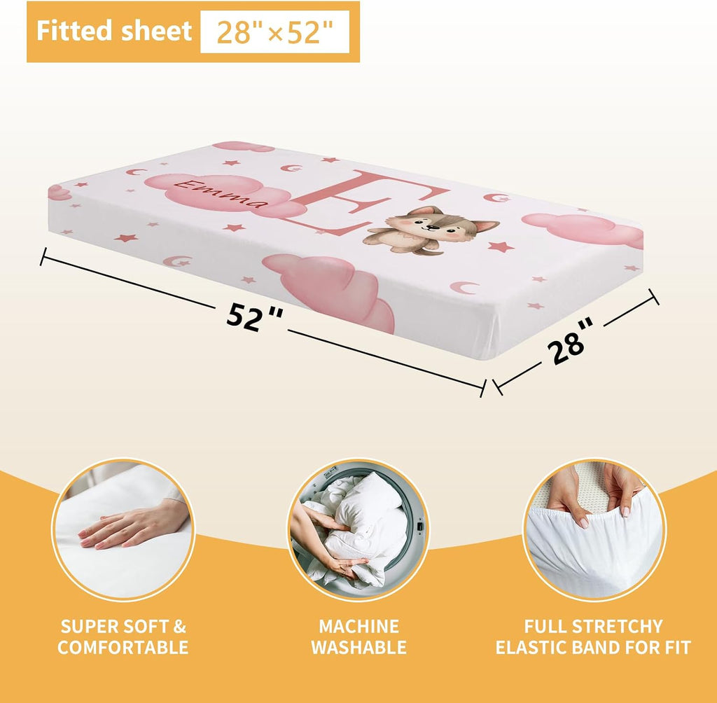 Terwex Personalized Crib Bedding Set, 5 Pcs Custom Nursery Bedding Sets with Name, Infant Bedding Set for Baby Girls Boys, Pink Fox Double Layer Baby Crib Set, Toddlers Babies Kids Customized Gifts