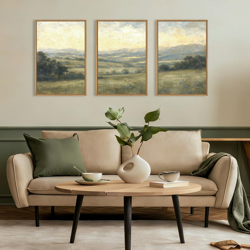 Large Vintage Green Grey Landscape Framed Canvas Wall Art Set,Abstract Rustic Countryside Forest Wall Decor,Retro Oil Painting Wilderness Artwork for Living Room,Bedroom,Farmhouse-24 x36 x3