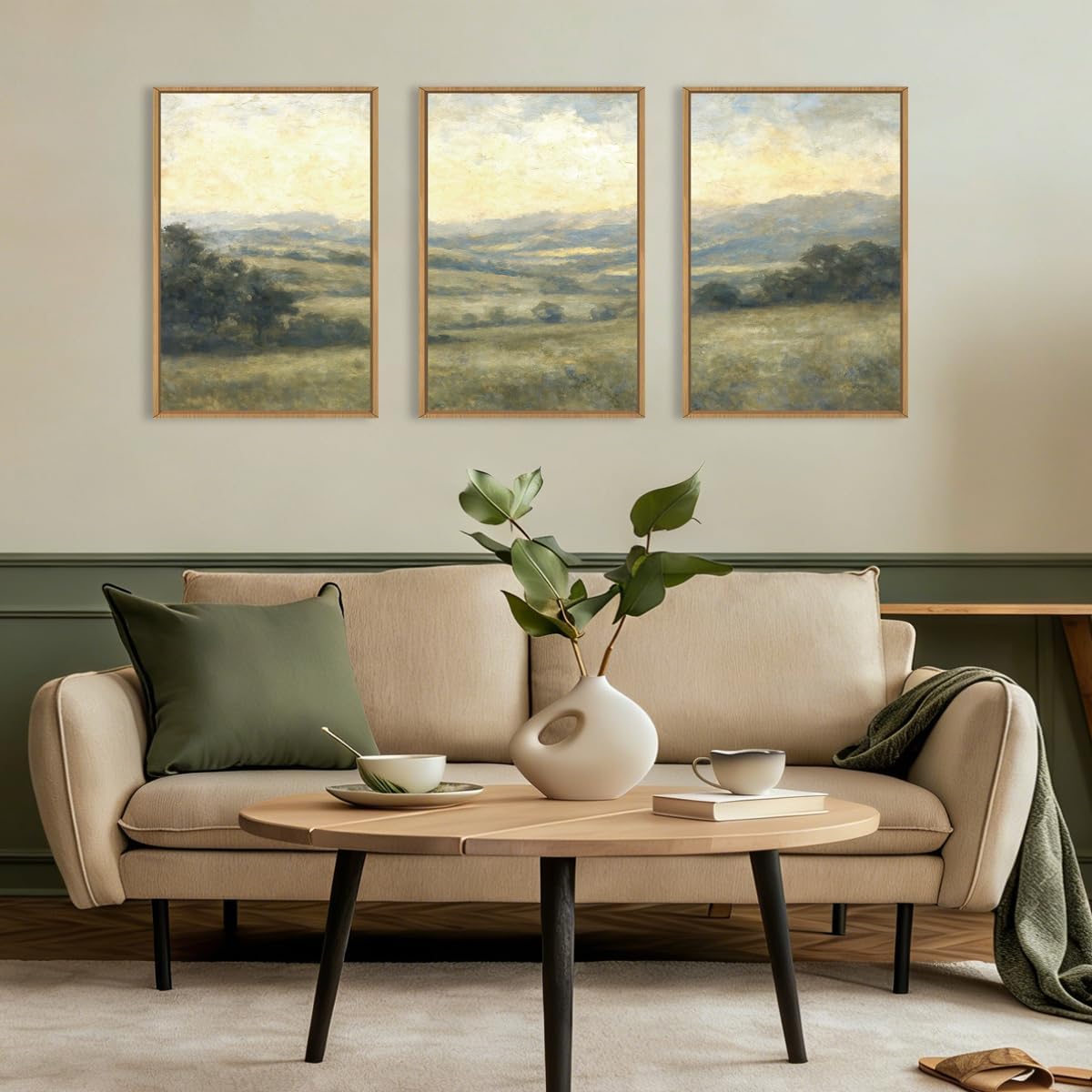 Large Vintage Green Grey Landscape Framed Canvas Wall Art Set,Abstract Rustic Countryside Forest Wall Decor,Retro Oil Painting Wilderness Artwork for Living Room,Bedroom,Farmhouse-24 x36 x3