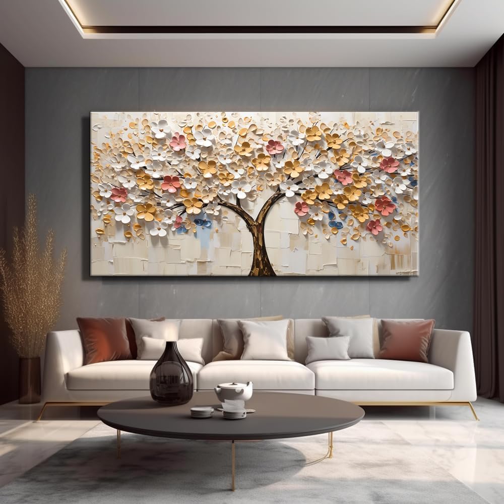 LASMOND Abstract Wall Art Teal Nature Tree of Life Canvas Painting Picture, Modern Large Panoramic Landscape Artwork Framed for Bedroom Living Room Bathroom Office Home Decor (30x60 Inches)