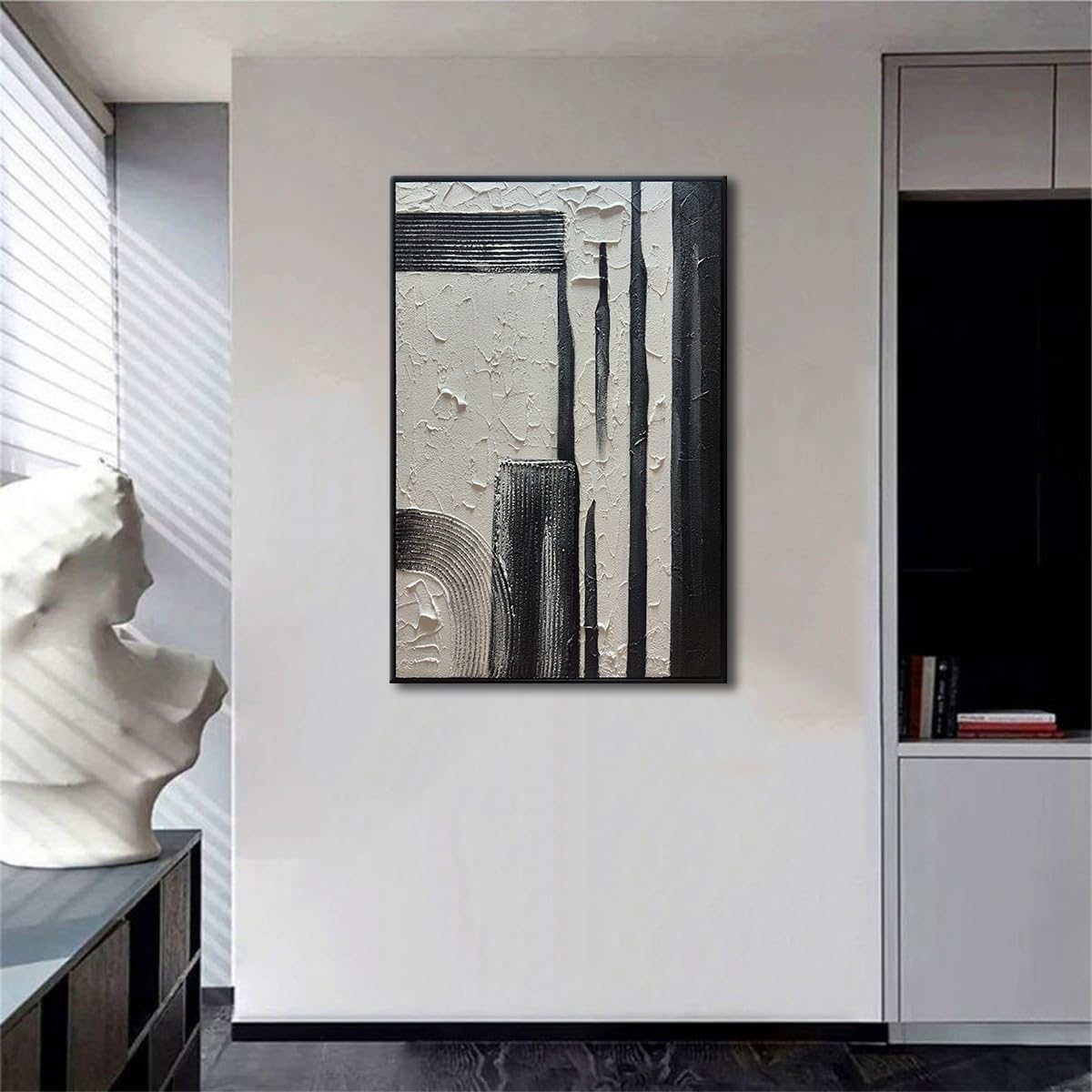 Slyart Hand Painted Black and White Textured Wall Art Black Framed Abstract Oil Paintings on Canvas Large Texture Minimalism Artwork for Home Decorations