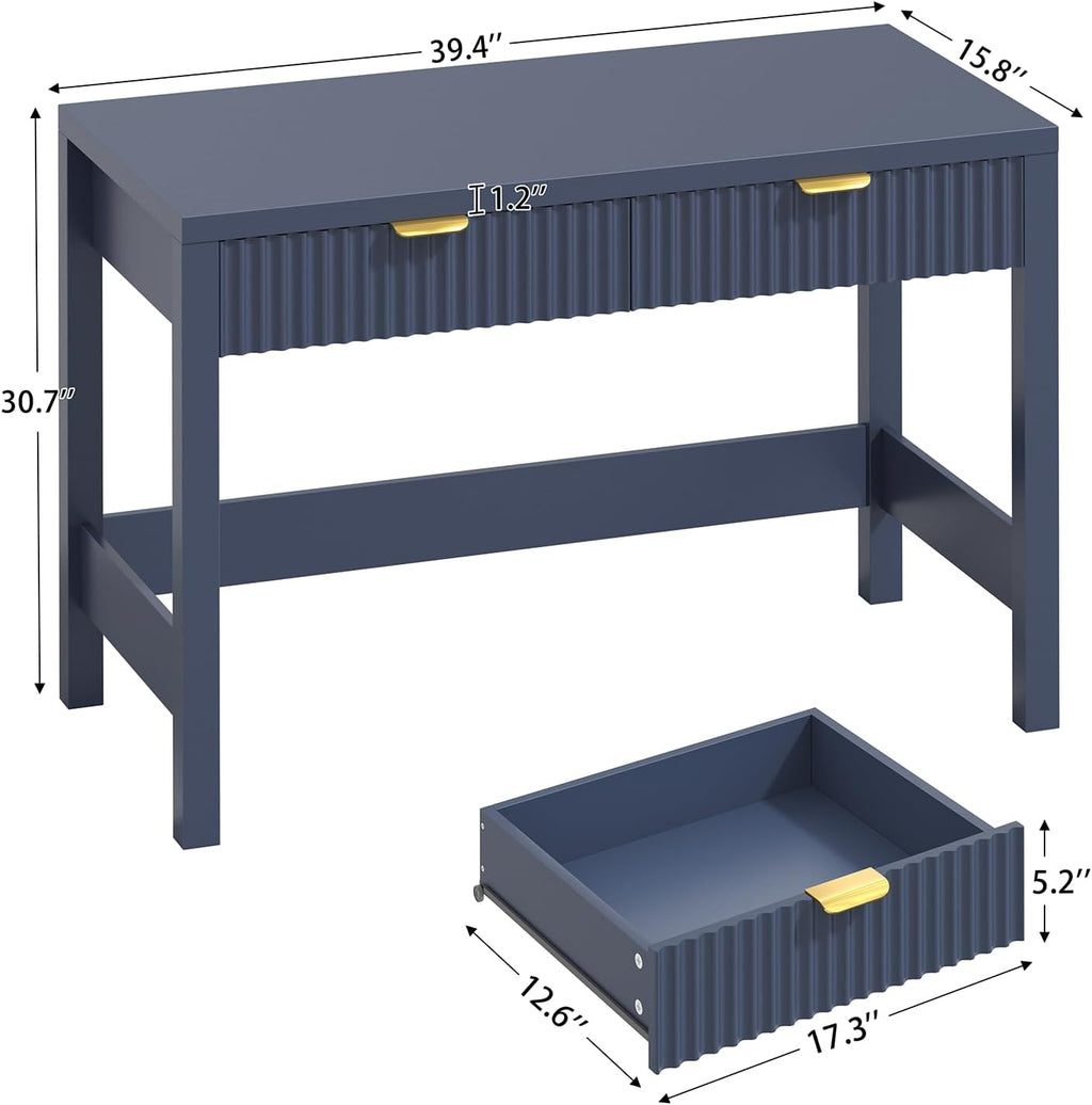 YOMILUVE Fluted Computer Desk with 2 Drawers, 39 Inch Small Computer Desk with Storage, Compact Writing Study Desk for Small Spaces, Blue